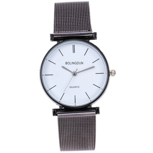 Modern Fashion Black Quartz Watch Men Women Mesh Stainless Steel Watchband High Quality